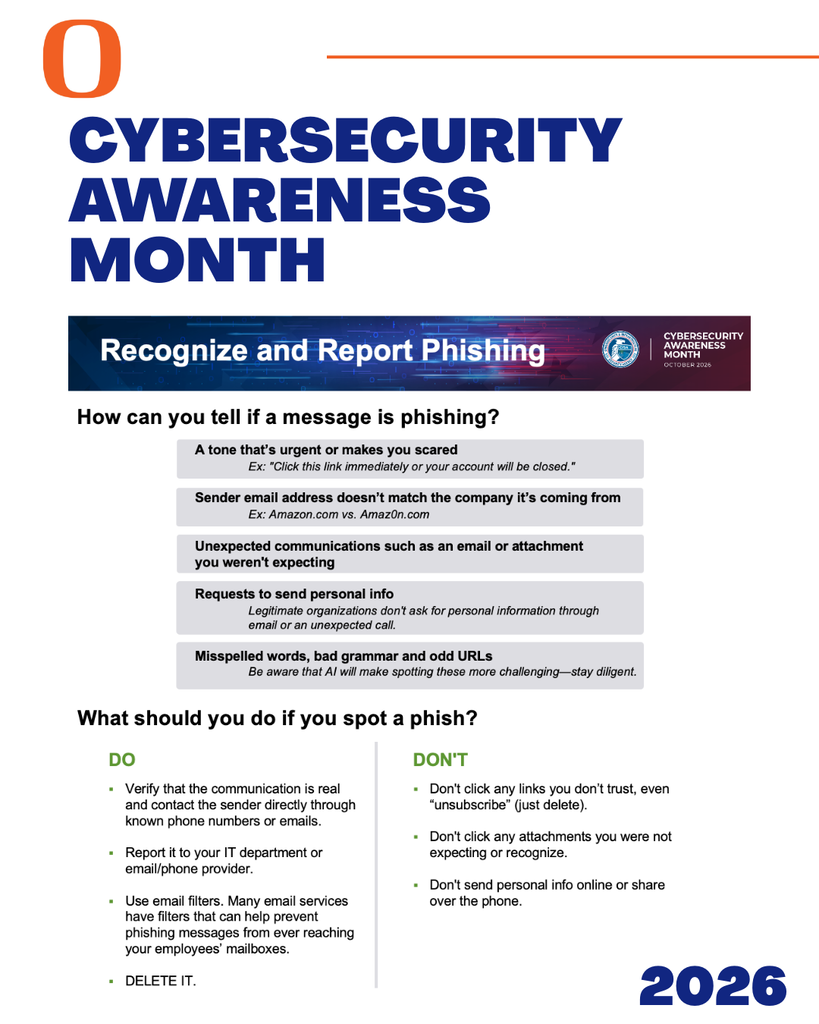 Cybersecurity Awareness Month flyer. It highlights phishing recognition and reporting, with guidelines to verify communication sources and not click suspicious links.