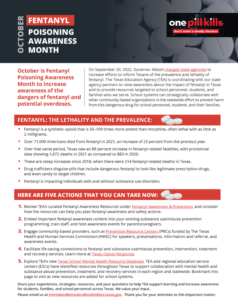 A white page with red and black text, detailing Fentanyl Poisoning Awareness Month, October, with facts, statistics, and prevention methods.