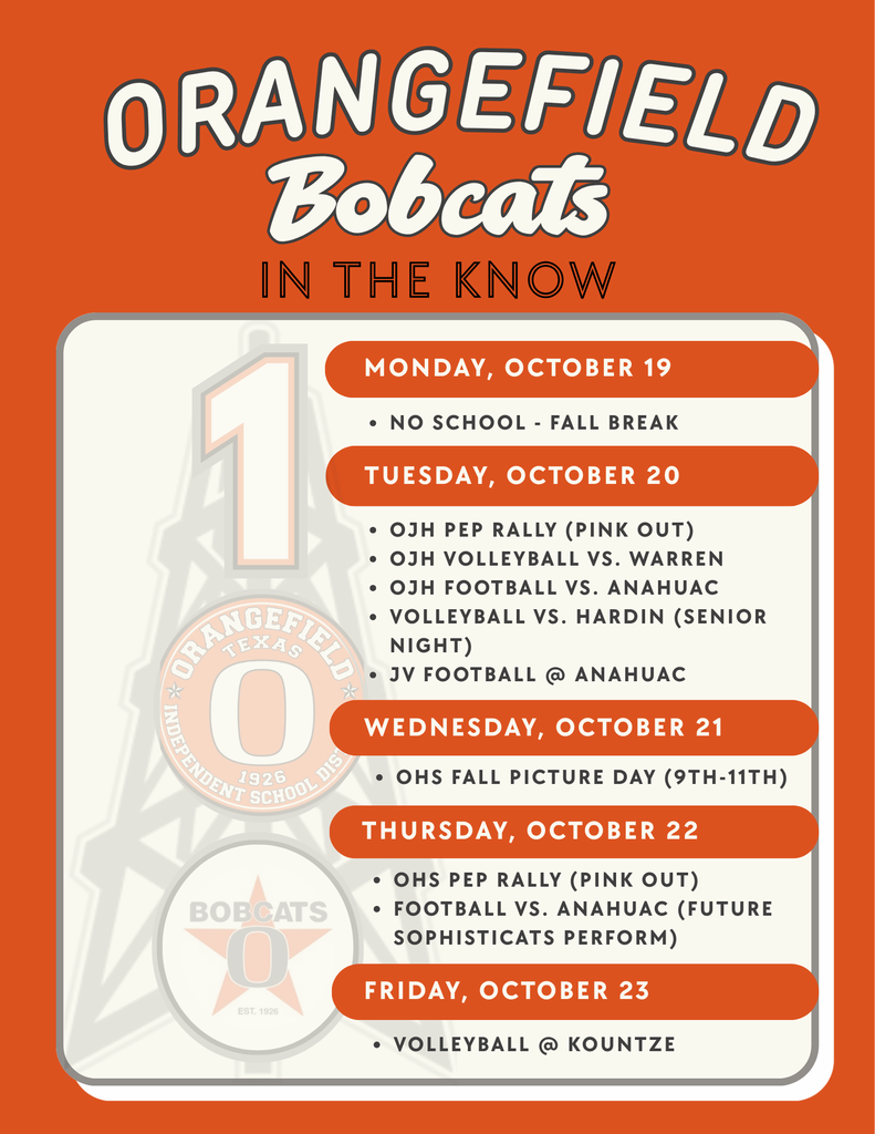 An advertisement for Orangefield Bobcats with a schedule for the week of October 19. Background is solid orange.