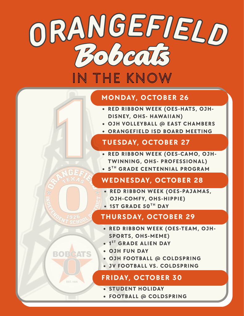 Orange and white poster with a Bobcat graphic. Text "Orangefield Bobcats in the Know" at the top.