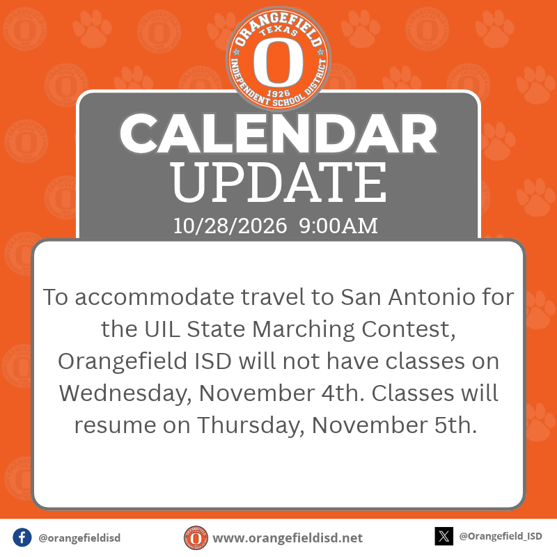 Calendar update for 10/28/2026 at 9:00 AM. No classes on Nov 4th, classes resume Nov 5th.