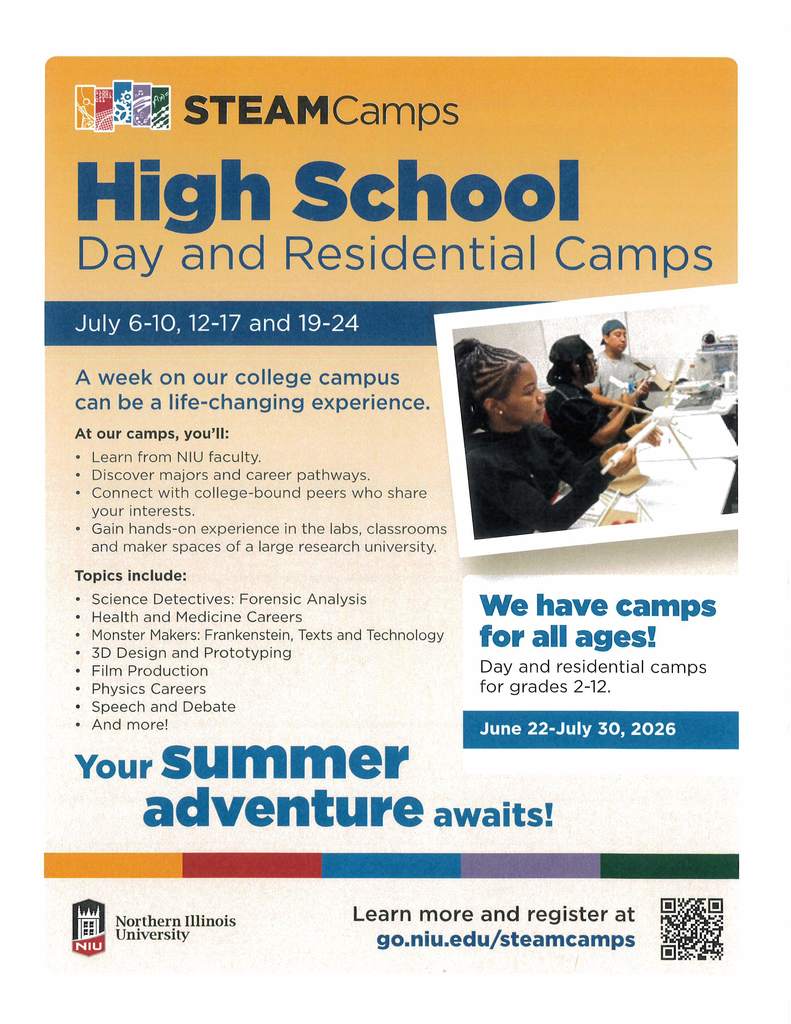 NIU high school STEAM camps flyer