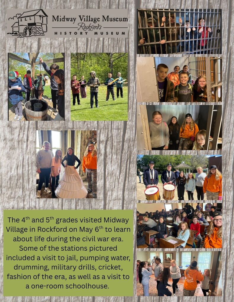 Photos of students at Midway Village Museum participating in activities such as drawing water from a well, being in a jail cell, drumming, sitting in a one room schoolhouse, and trying on fashion of the day.