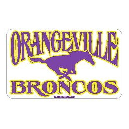 Sticker with Orangeville Broncos and a running bronco on it