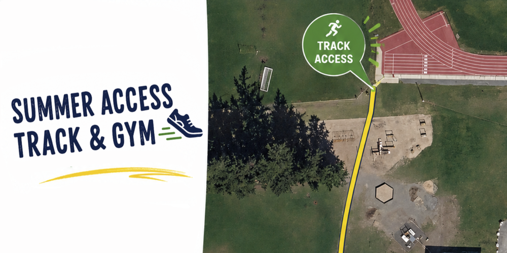 Text "Summer access Track & Gym" with an overview map image with a yellow path leading to a track