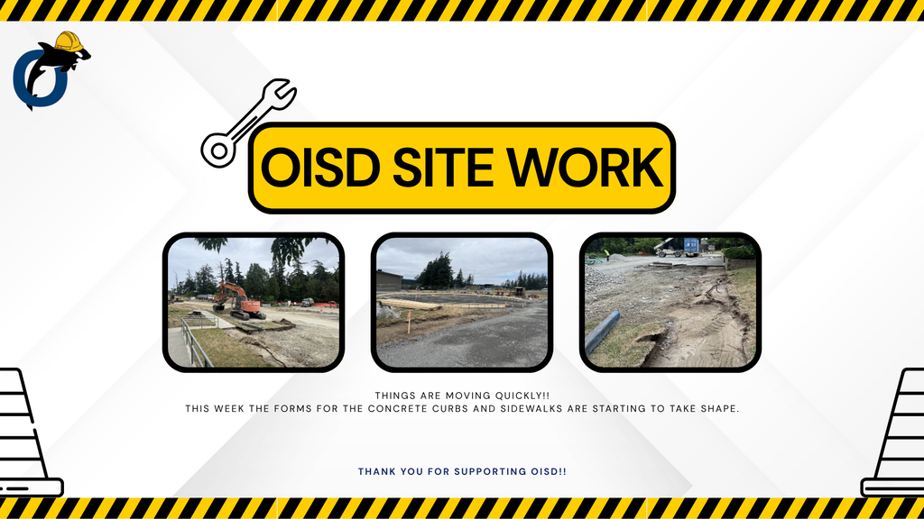 Image with text and pictures depicting concrete forms that will create the sidewalks and curbs at Orcas Island School District