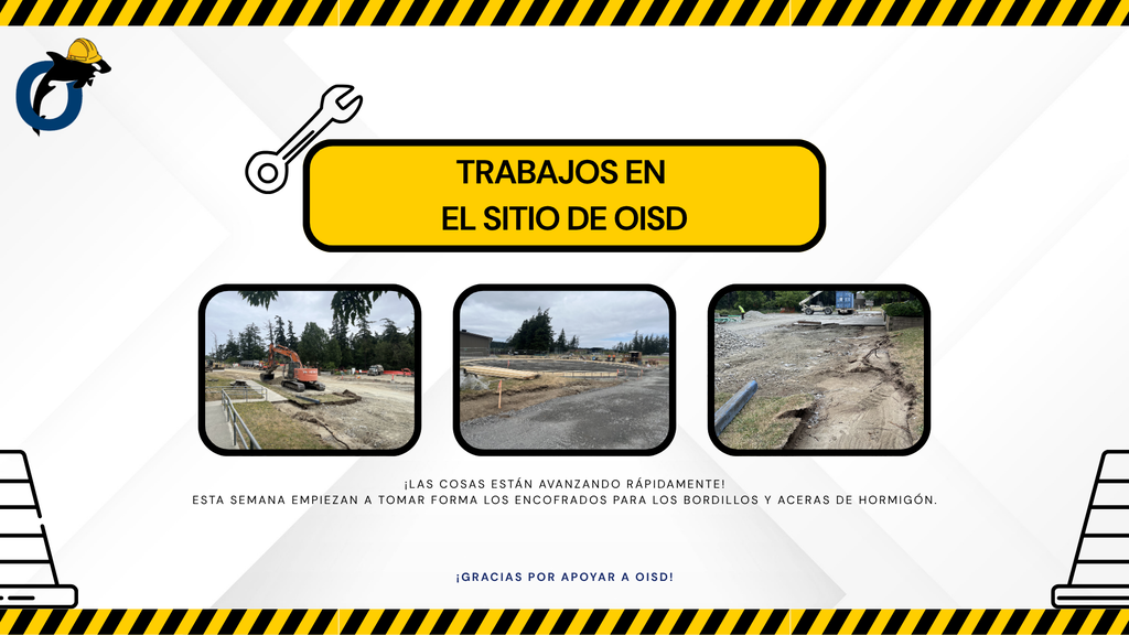 Image with text and pictures depicting concrete forms that will create the sidewalks and curbs at Orcas Island School District- In spanish language