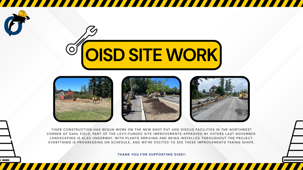 Images of construction work: Shot put and Discus area prep and asphalt and sidewalk prep.
