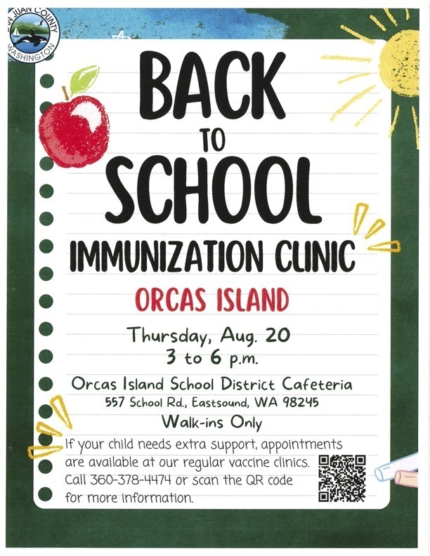 Picture of Back to School Immunization Clinic flyer which takes place at OISD Cafeteria on Thursday, August 20 from 3-6 pm.