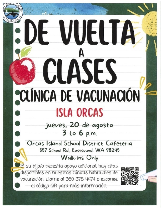 Picture of Back to School Immunization Clinic flyer which takes place at OISD Cafeteria on Thursday, August 20 from 3-6 pm.