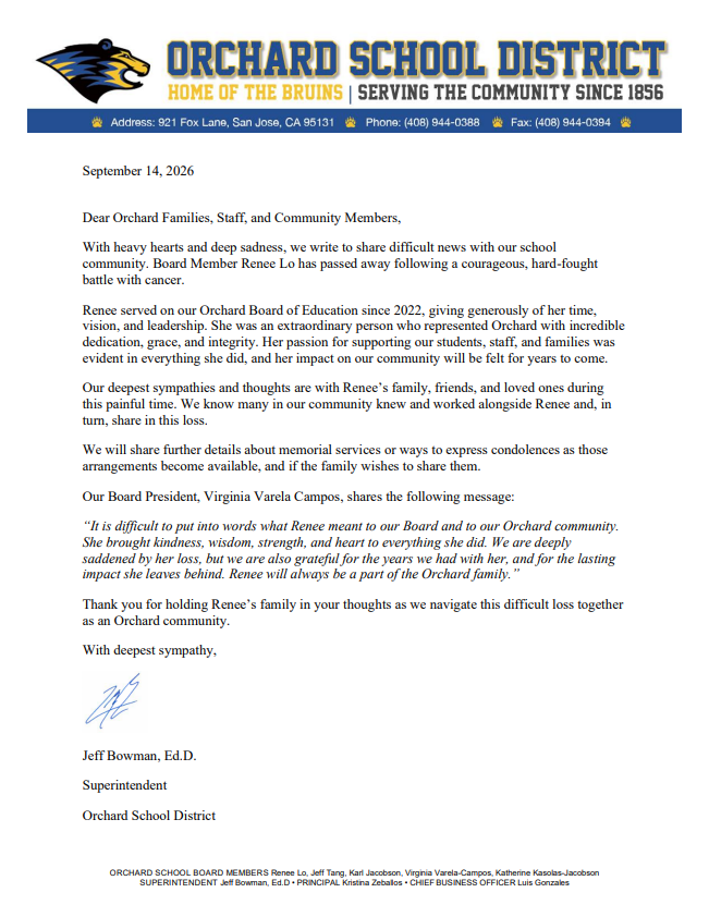 Dear Orchard Families, Staff, and Community Members,