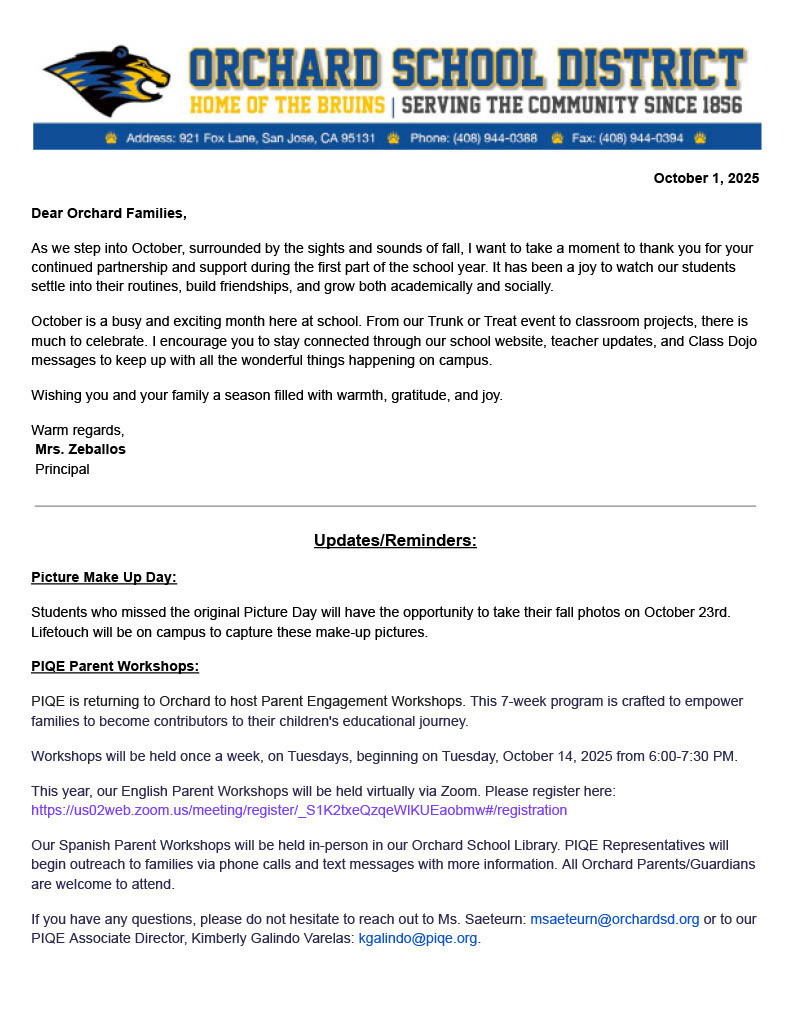 October Newsletter - detailings events such as make up picture day and PIQE workshops