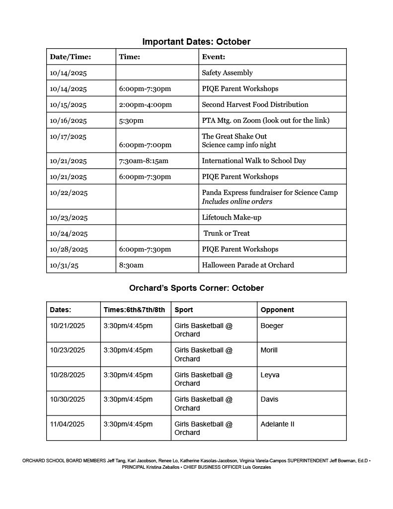 October Newsletter - detailings important dates