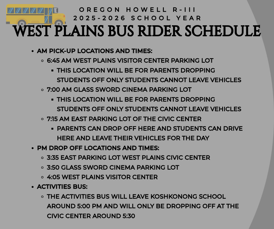 West Plains Bus Rider Schedule 2025-2026