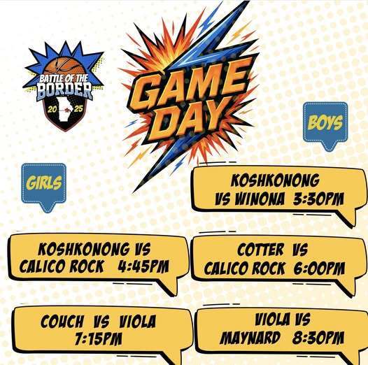 Basketball Game Day at the Battle of the Border Tournament in Mammoth Spring, AR.  Bluejays at 3:30 followed by the Lady Jays at 4:45