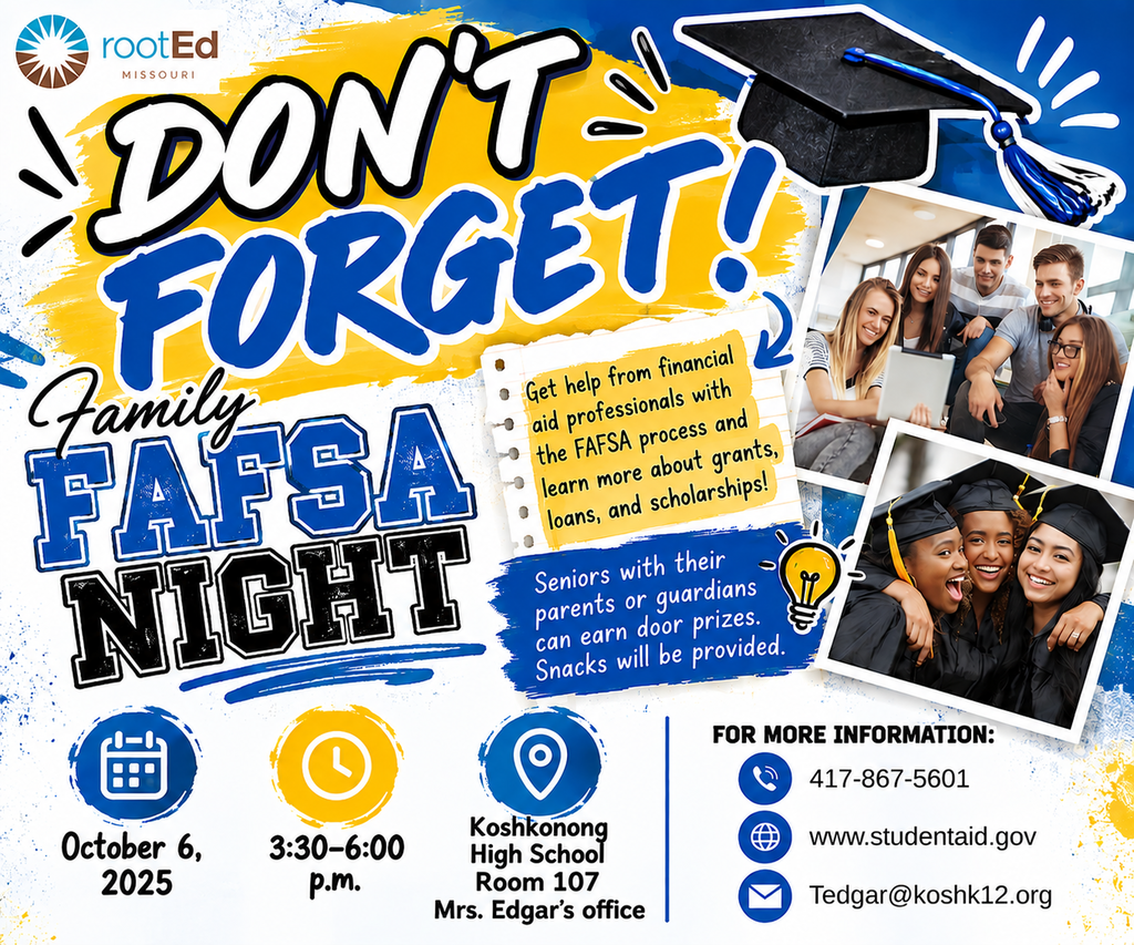 📅 October 6 ⏰ 3:30–6:00 PM 📍 Koshkonong High School — Room 107, Mrs. Edgar’s Office