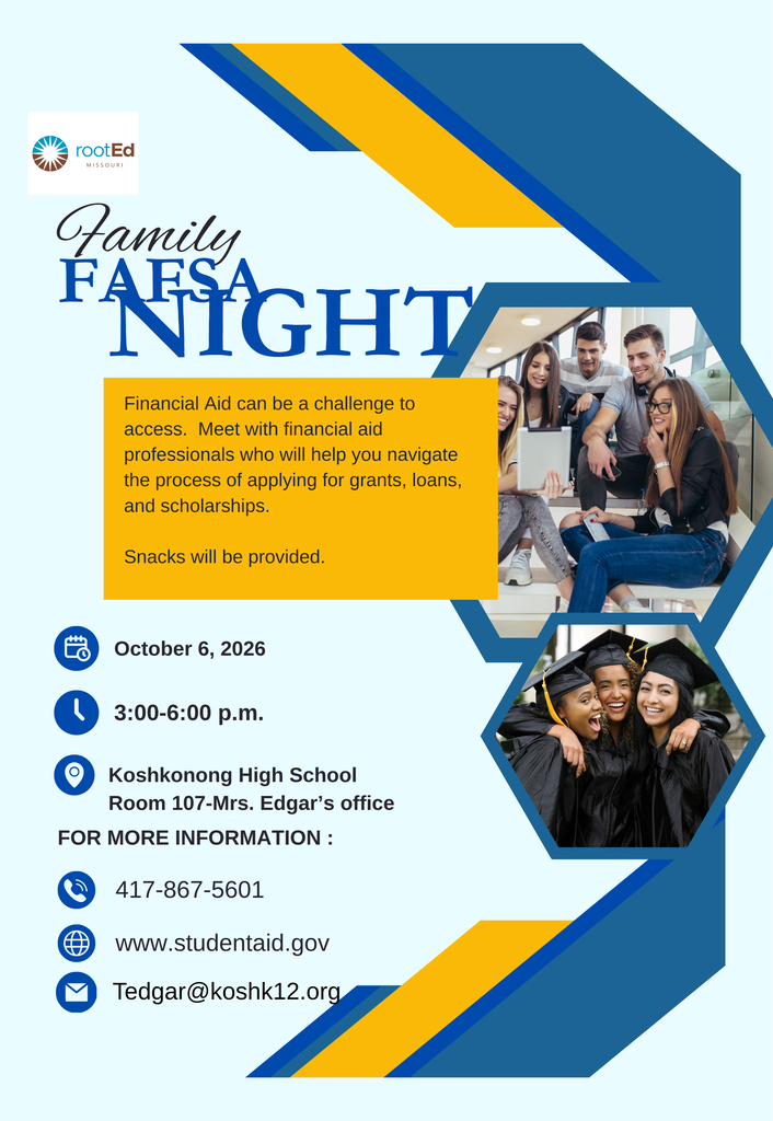 📅 October 6 ⏰ 3:00–6:00 PM 📍 Koshkonong High School — Room 107, Mrs. Edgar’s Office