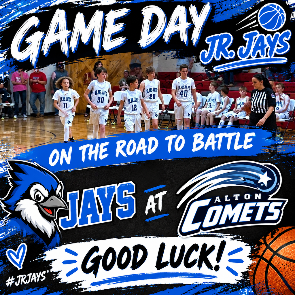 🏀 **GAME DAY, JR. JAYS!** 🏀💙 Our **Jr. Jays are on the road** and ready to battle the **Alton Comets!** ☄️🐦 📅 **Tuesday, October 7** ⏰ **5:30 PM** 📍 **Alton High School** Let’s wish our Jr. Jays the best of luck! **Play hard, play together, and represent Koshkonong with pride!** 💙🖤 **GOOD LUCK, JR. JAYS!** 🏀🐦💙 #KoshkonongBluejays #JrJays #GameDay #BluejaysBasketball #GoJays