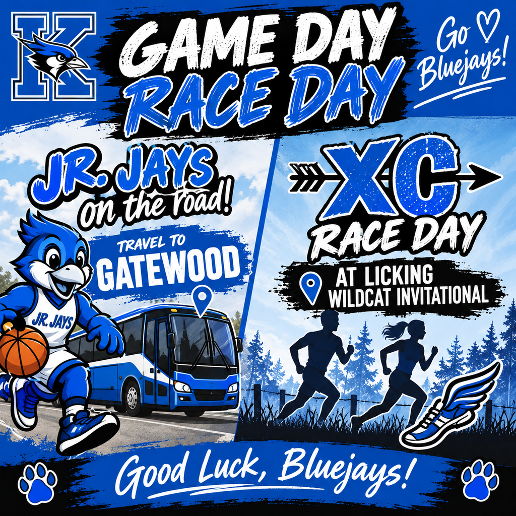 🏀🏃♂️ **GAME DAY & RACE DAY, BLUEJAYS!** 🏃♀️🏀 It’s a busy day for our Jr. Jays and Bluejay XC runners! 🏀 **JR. JAYS BASKETBALL** Our Jr. Jays are hitting the road as they travel to **Gatewood**! Let’s bring the energy and cheer them on! 💙🏀 🏃♀️ **CROSS COUNTRY** Our XC runners are headed to **Licking** for the **Wildcat Invitational**! Lace up, run strong, and leave it all on the course! 💙👟 Good luck to all of our Bluejays today! **Compete hard, support each other, and make us proud!** 🐦💙🤍🖤 **GO BLUEJAYS! 💙**