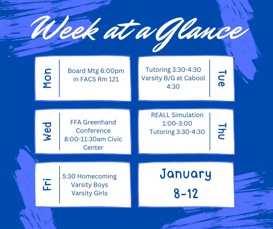 Spirit Week and Week at a Glance 1/8-1/12