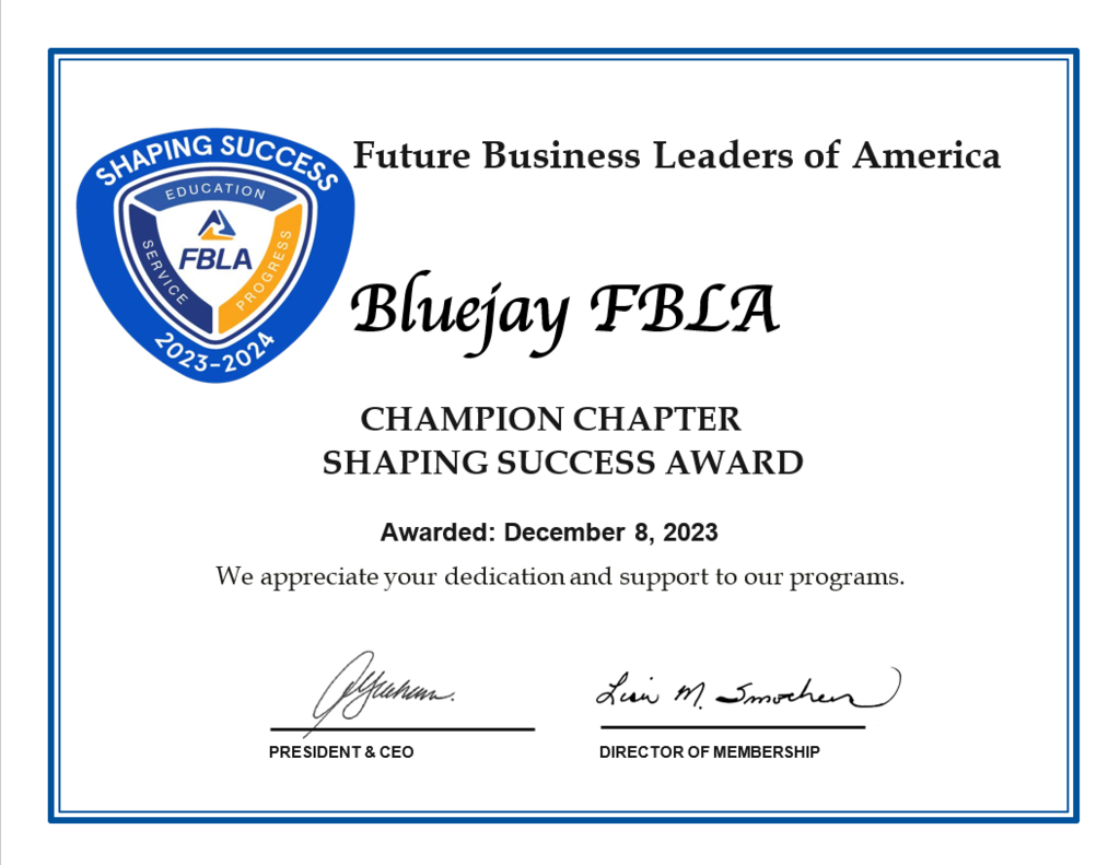 Bluejay FBLA Champion Chapter Award