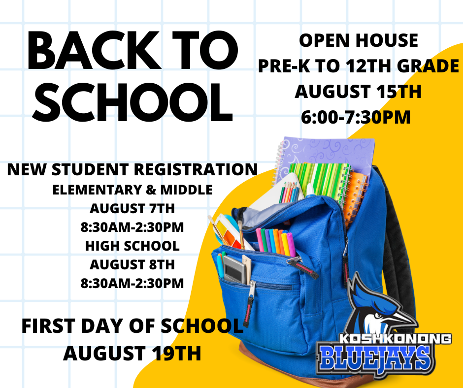 New student registration August 7-8, Open House August 15th