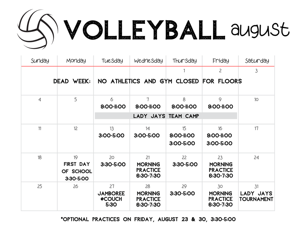 August Volleyball Practice Schedule