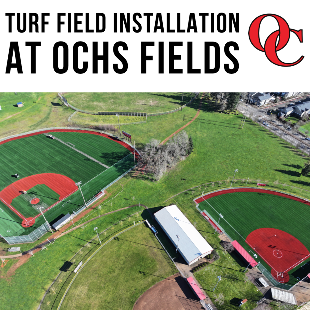 Turf Field Installation at OCHS Fields with an arial view of the baseball and softball field sporting new turf surfaces