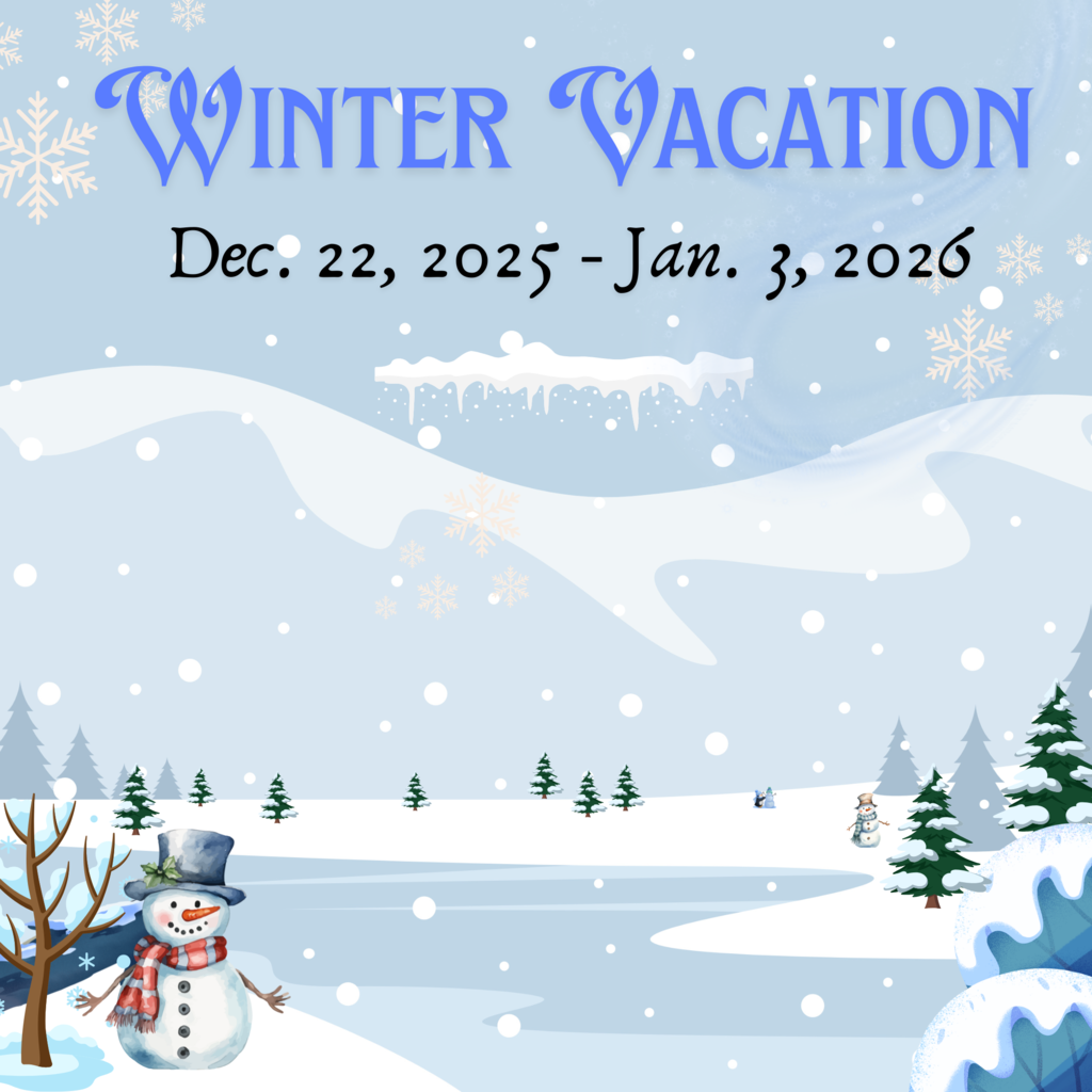 Winter Vacation in blue letters with snow landscape background