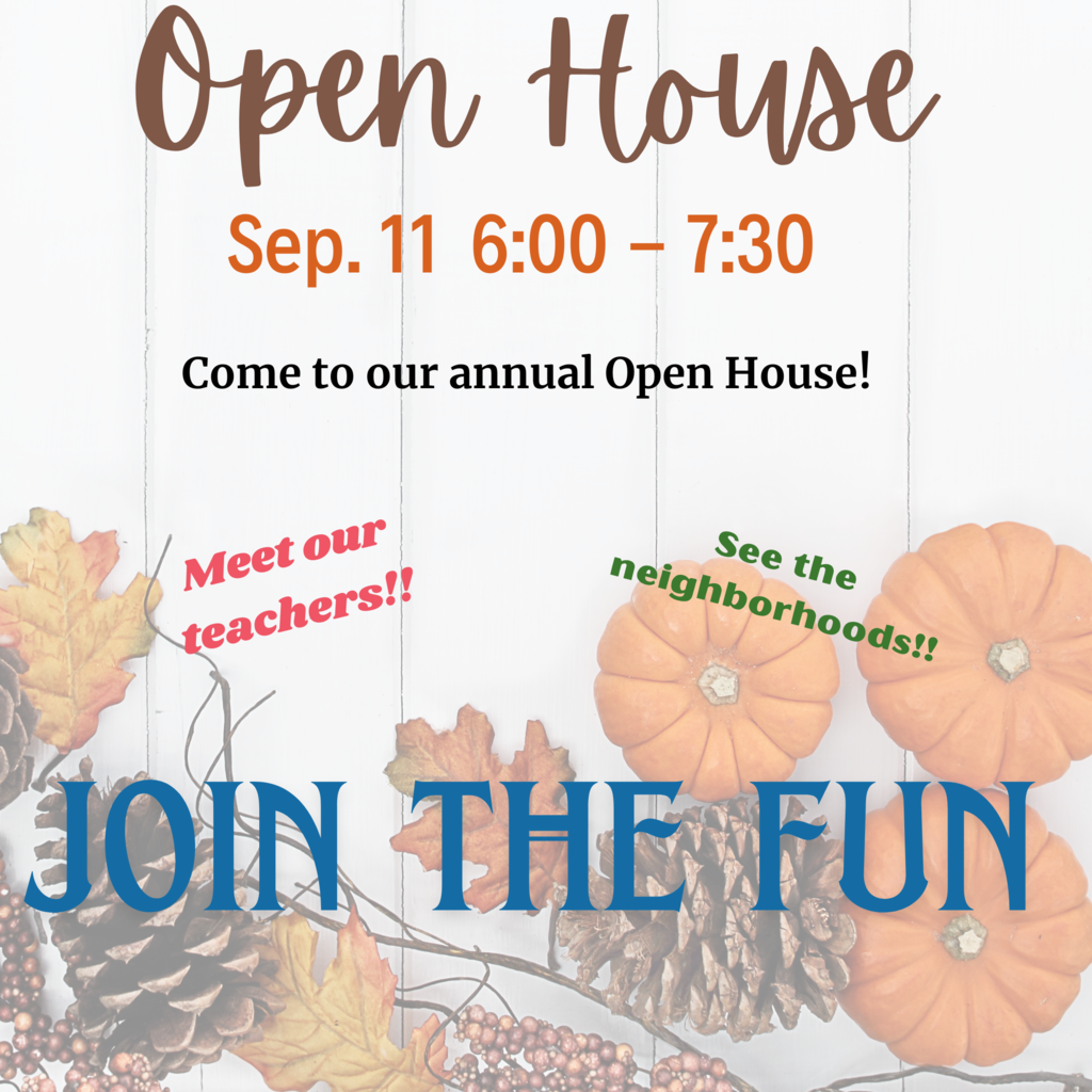 Open House  - Fall theme background with small pumpkins, leaves and pine cones