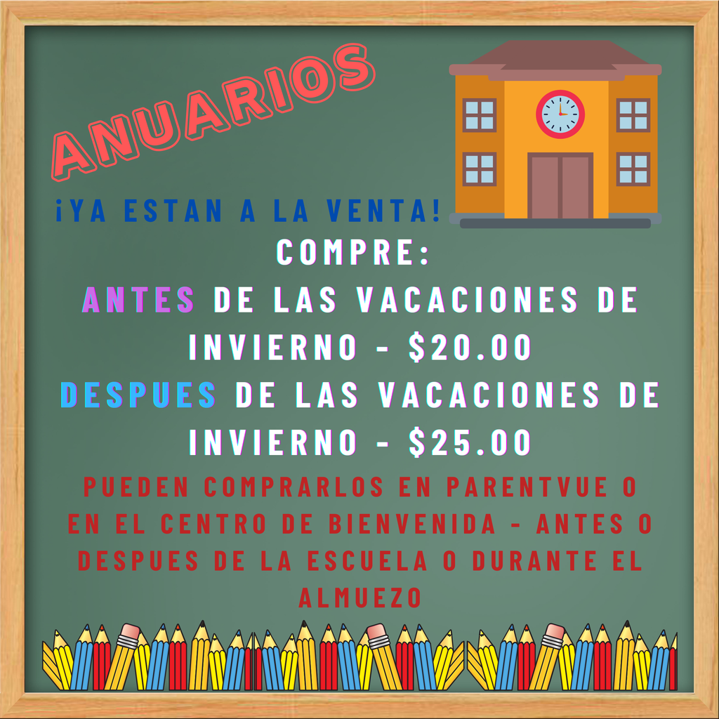 Yearbook on sale information on green chalkboard background in Spanish