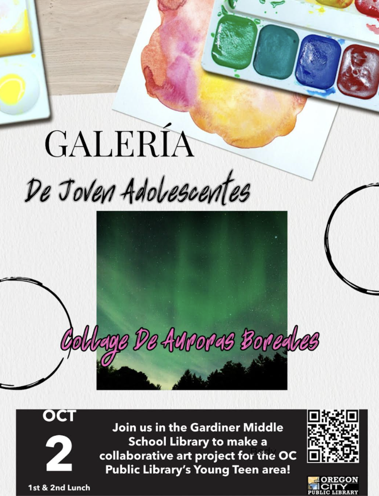 Young Teen Art Gallery Northern Lights Collage on art paper background with paint pallettes in top right and left corners  in Spanish
