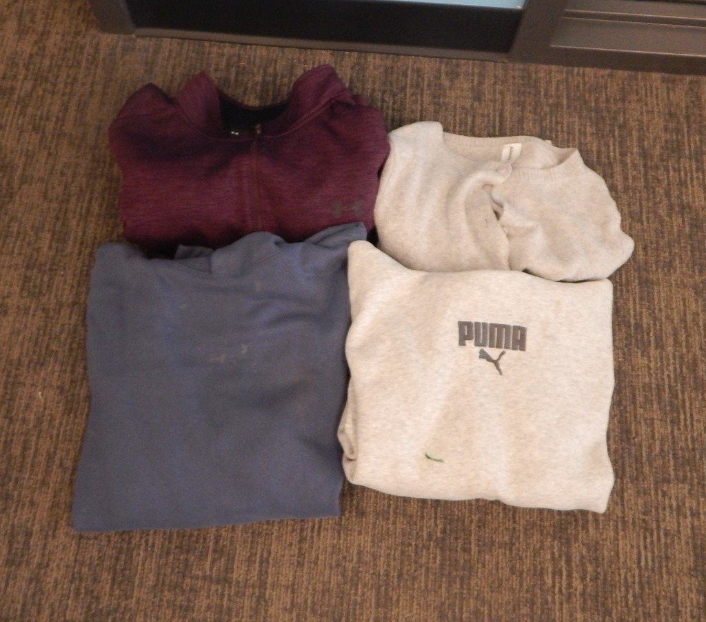 Four sweatshirts - maroon, blue/grey, 2 cream