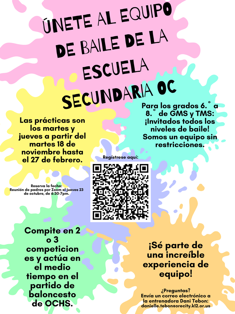 Join OC Middle School Dance Team - Practices are Tuesdays & Thursdays starting Tues. Nov. 18until Feb. 27 - For grades 6-8 at GMS & TMS: all dance abilities invited! We are a no-cut team. Compete in 2-3 competitions, and perform halftime at OCHS basketball game. Be a part of  an amazing team experience! in Spanish