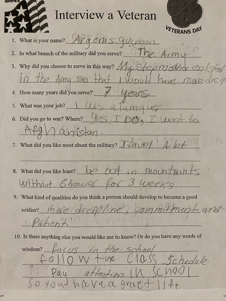 Veterans Day interview sheet