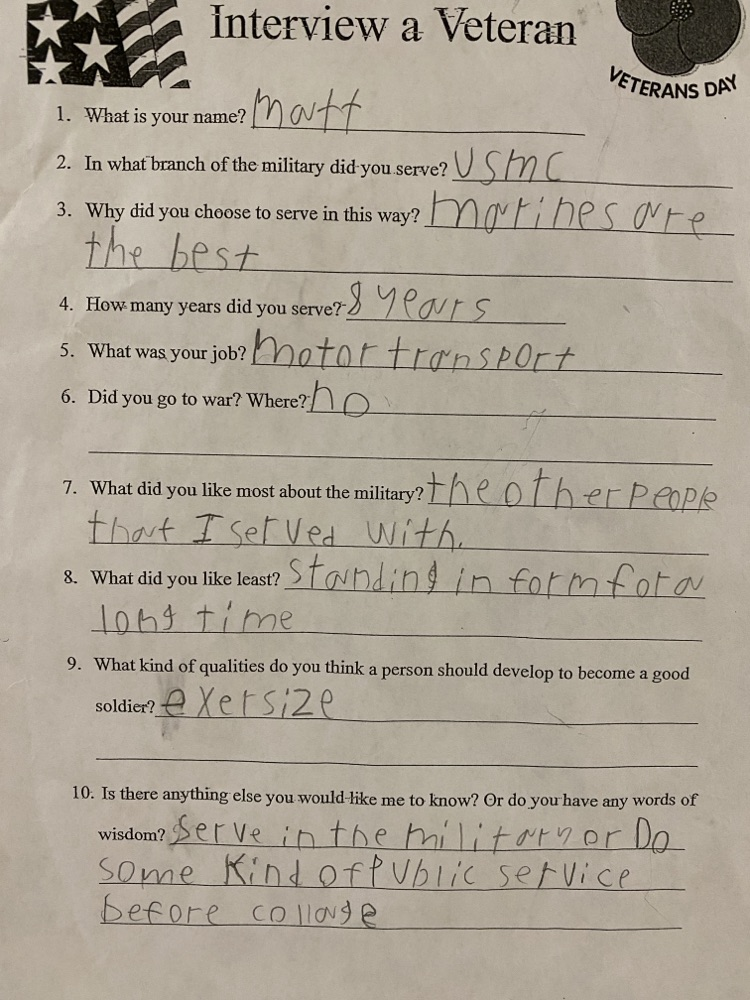 Veterans Day interview sheet