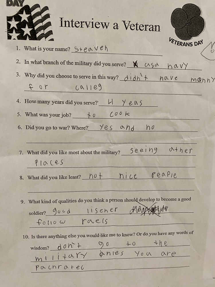Veterans Day interview sheet