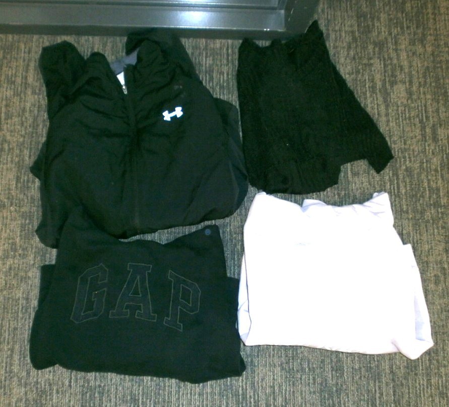 Black GAP sweatshirt, white sweatshirt, black HH hoodie, black crop sweater