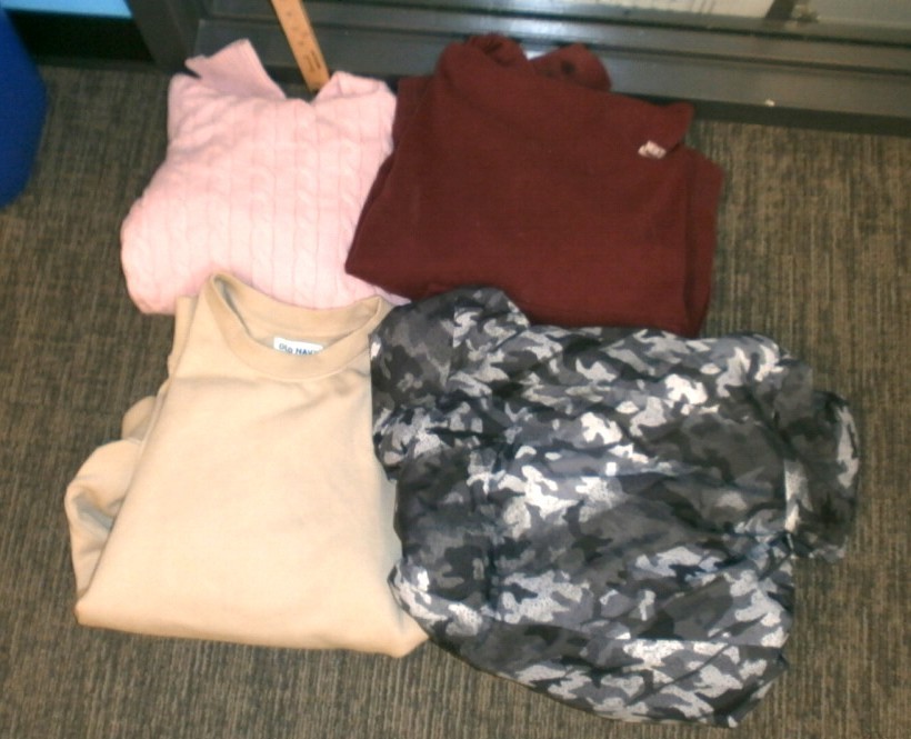 Pink sweater, maroon zip-up hoodie, grey camo sweatshirt, tan sweatshirt