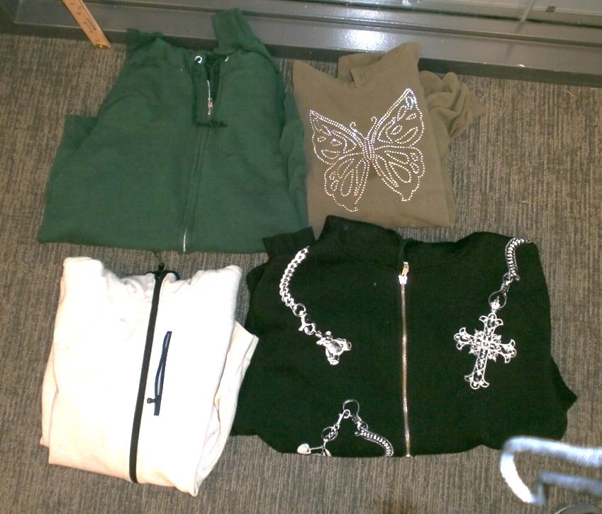 green hoodie, white hoodie with black zipper, khaki hoodie with butterfly, black zip up hoodie with white crosses