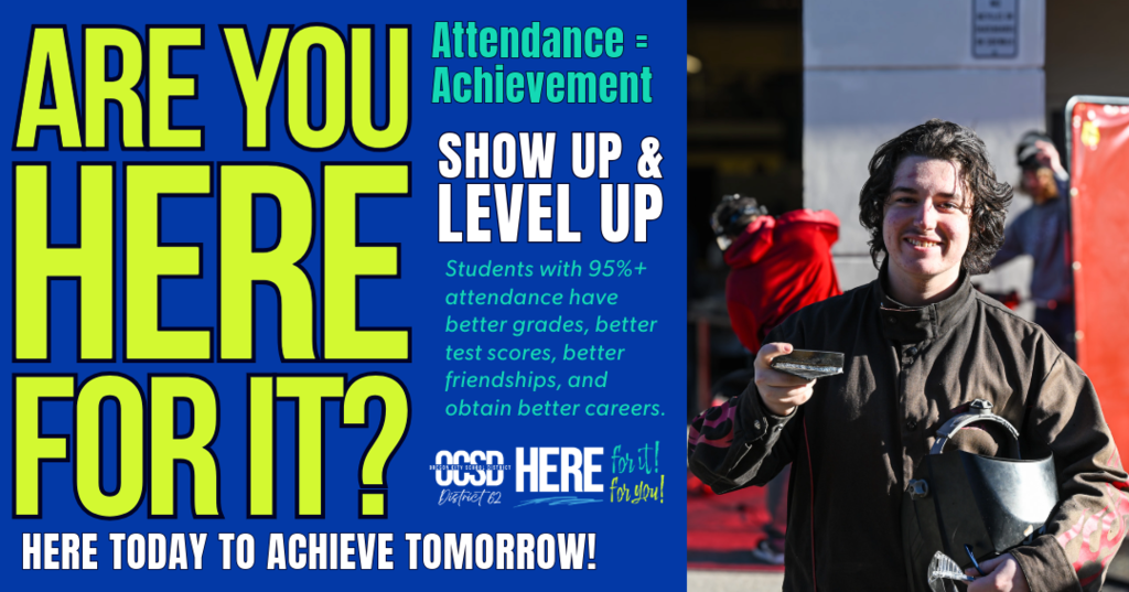 Are you here for it? Show up and Level up. Welding student holding welding sample and smiling.