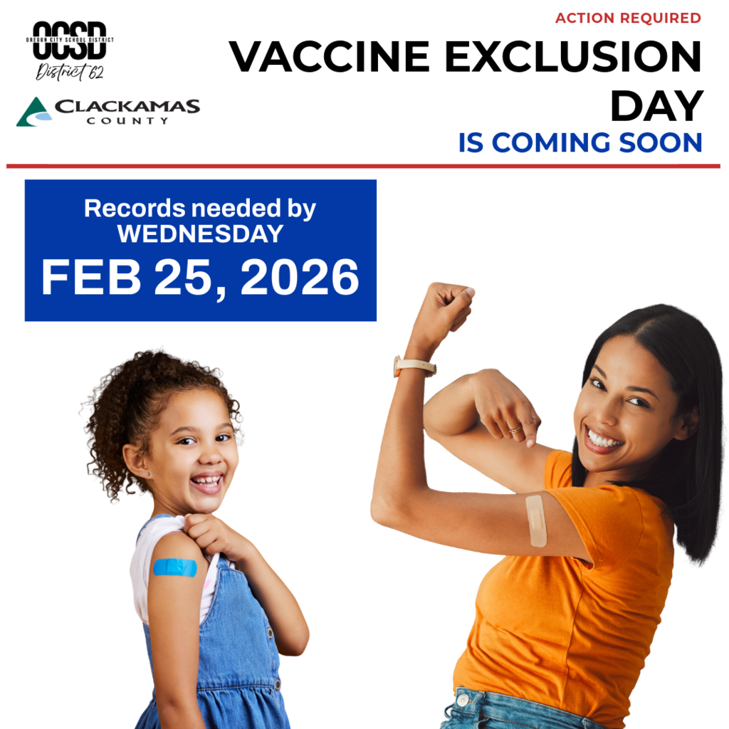 Vaccine Exclusion Day is February 26, 2025! Records needed by Wednesday, February 25, 2026. Two girls with bandaids on their arms, smiling