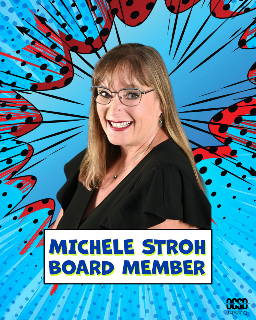 Portrait of Michele Stroh, Oregon City School District Board Member, smiling and wearing glasses against a blue comic-style background with red and black graphic accents. Text reads “Michele Stroh, Board Member.”