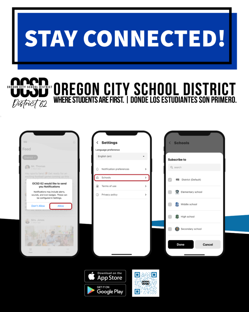 ‘Stay Connected!’ graphic from Oregon City School District showing three smartphone screens demonstrating how to enable notifications in the ParentSquare app. The screens show allowing notifications, selecting ‘Schools’ in settings, and choosing which schools to subscribe to. App Store and Google Play download badges and a QR code appear below.
