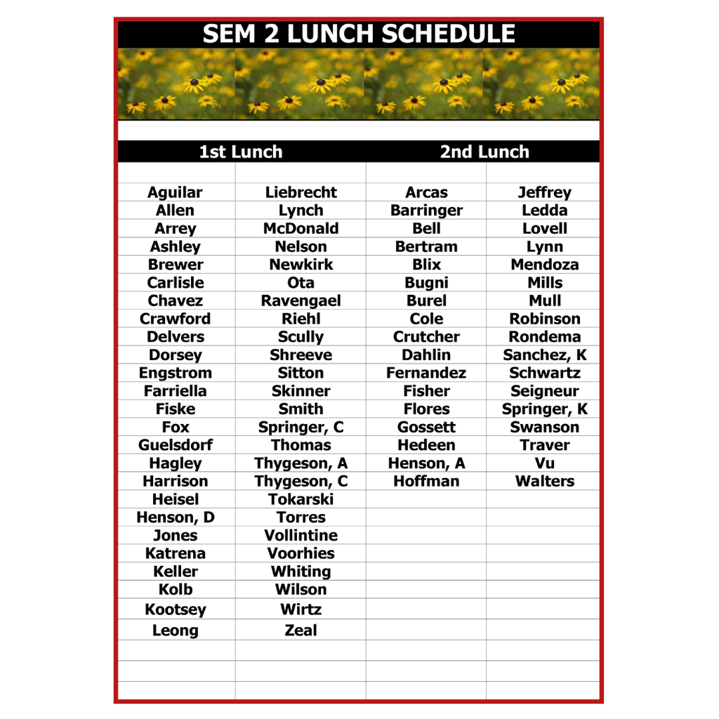 list of teachers lunch schedule