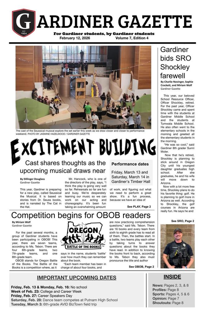 Gardiner Gazette  - Front page - various articles