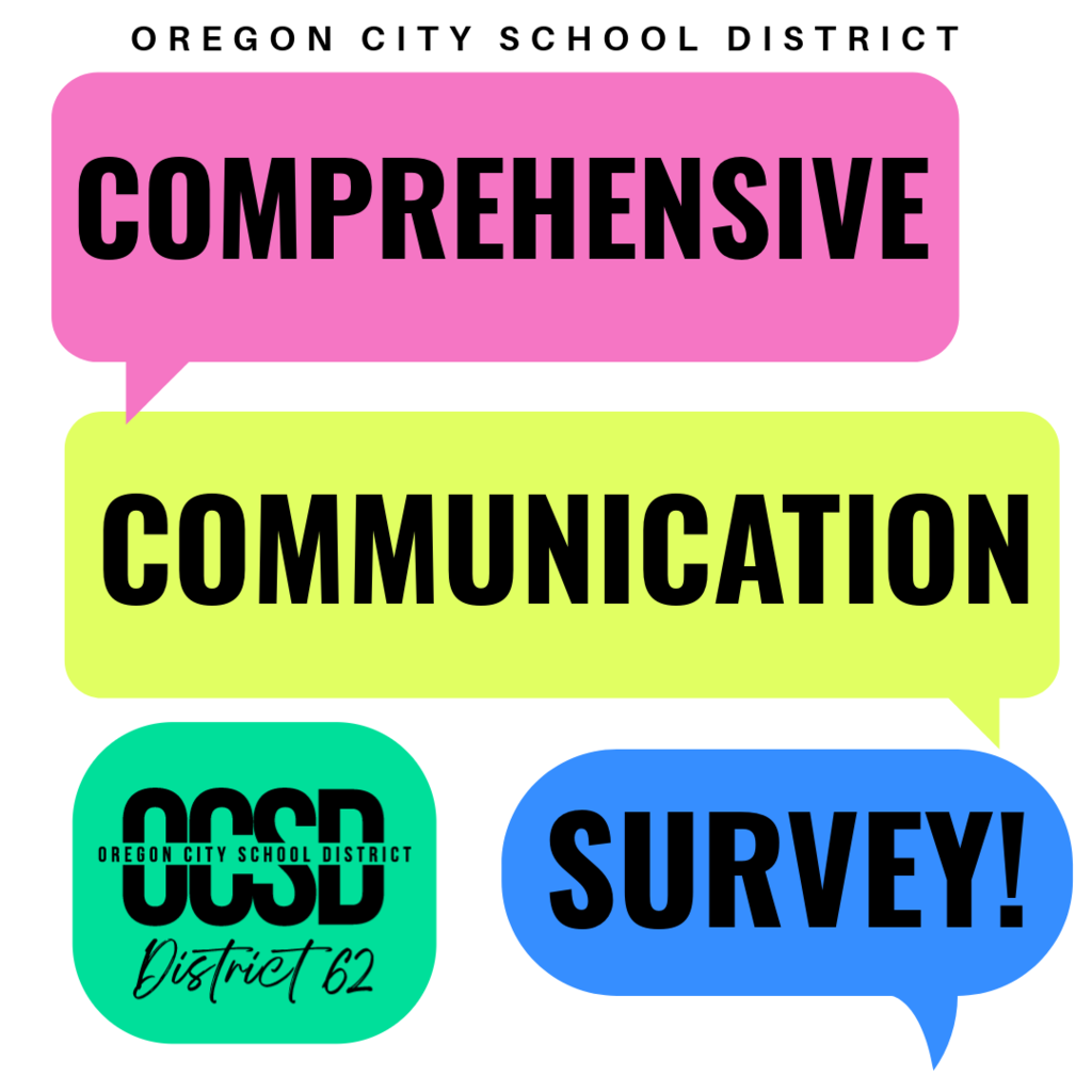 OCSD Comprehensive Communication Survey! in bright colored word bubble shapes. 