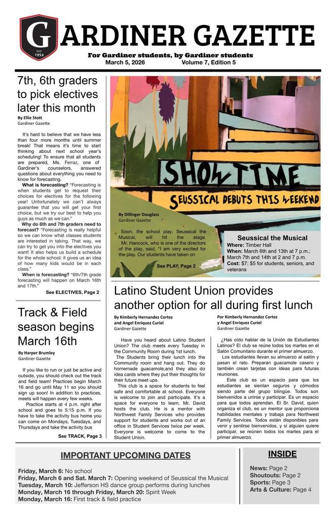 Gardiner Gazette -front page - volume 7 edition 5