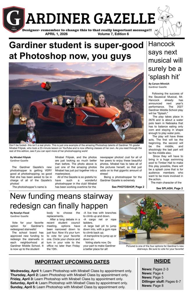 Gardiner Gazelle - April Fool's Edition page one - various articles
