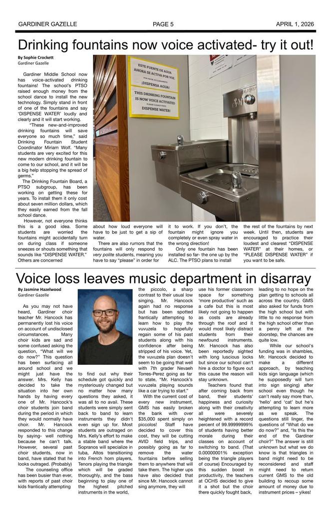 Gardiner Gazelle - April Fool's Edition page six - various articles